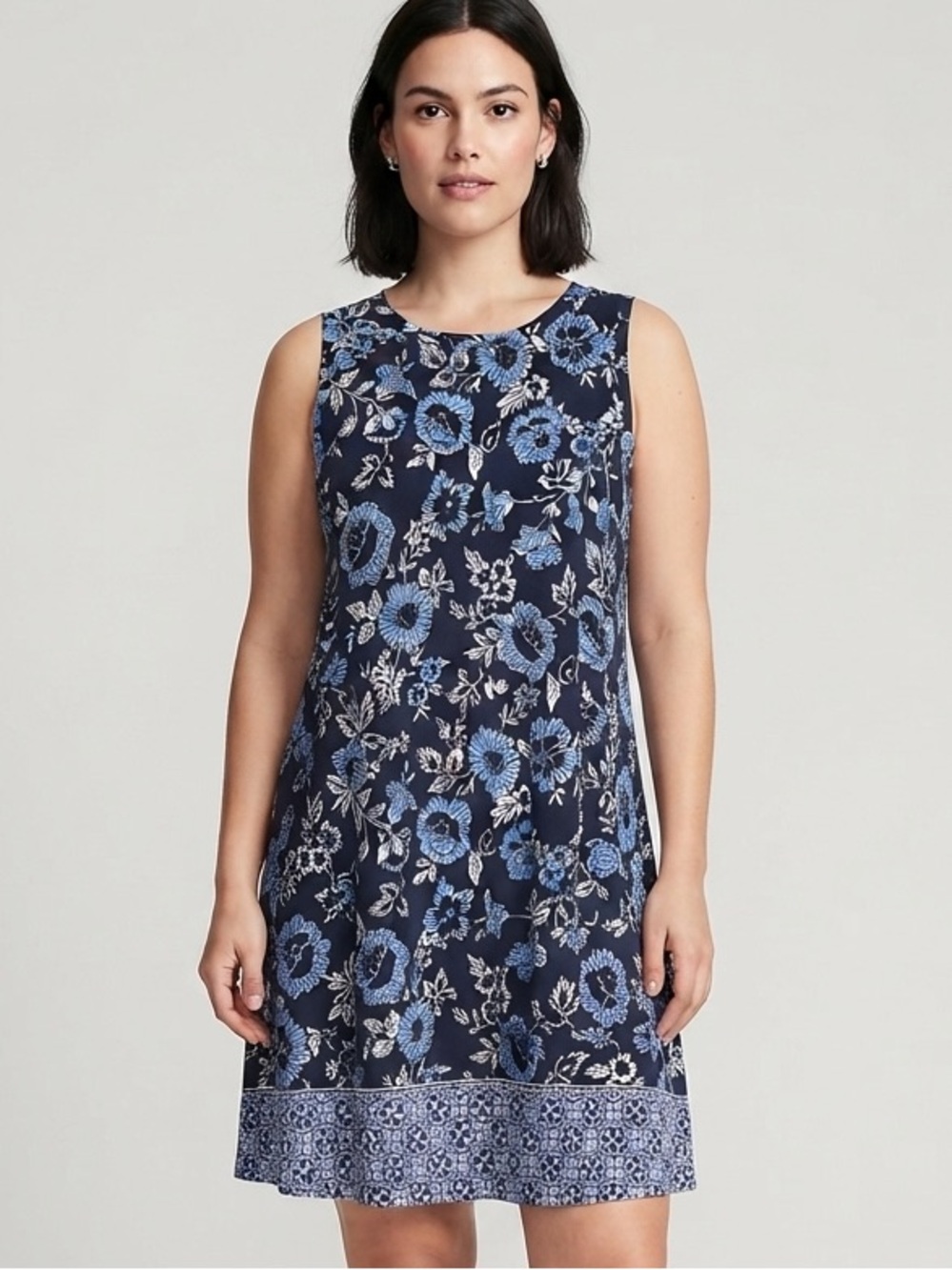 LOFT Women's Navy Blue Floral boho Sleeveless Swing Shift Casual Tank Dress